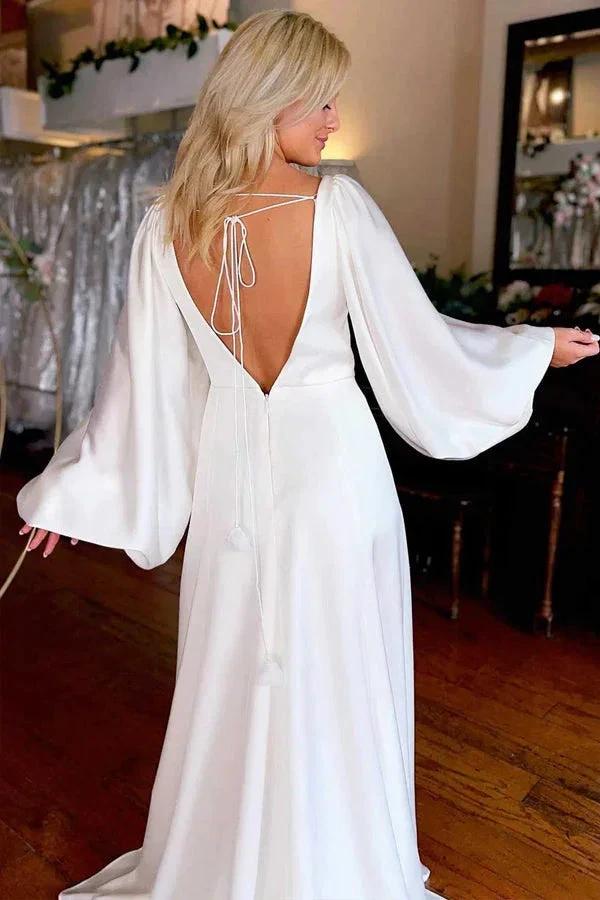 Ivory V-Neck Long Sleeve Wedding Dresses Simple Wedding Dresses (ZD16104)