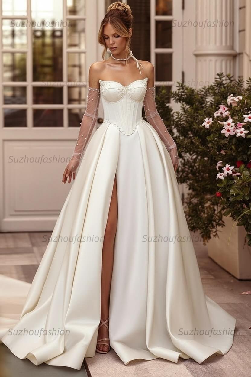 Lilac Prom Dress Beaded A Line Sweetheart Corset Evening Dress with Slit