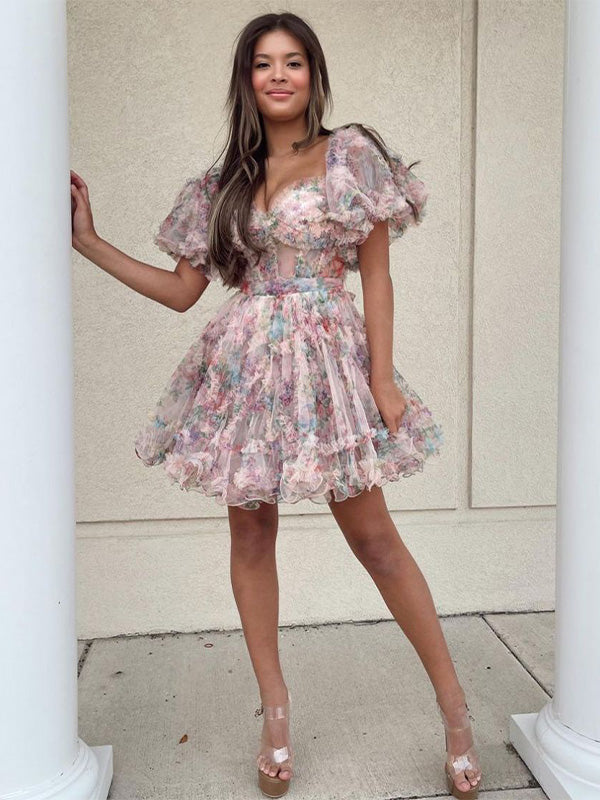 A-Line Off The Shoulder Short Tulle Print Homecoming Dress