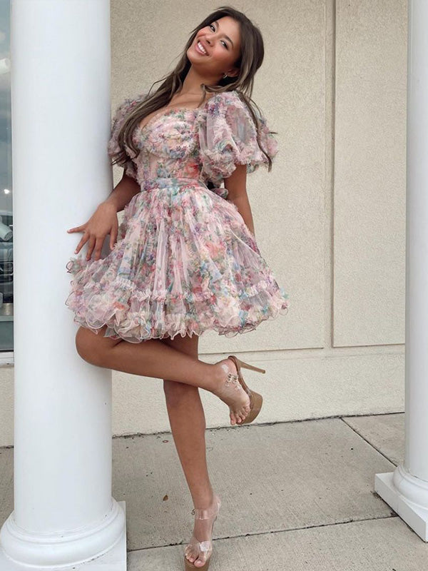 A-Line Off The Shoulder Short Tulle Print Homecoming Dress
