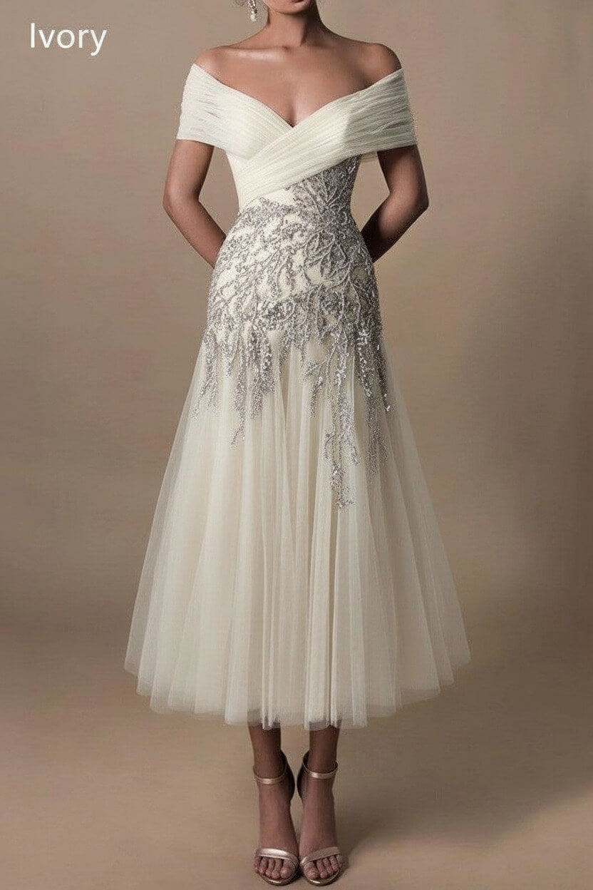 Gorgeous Short Long Off-the-Shoulder Beadings Beach Bridal Dress With Lace
