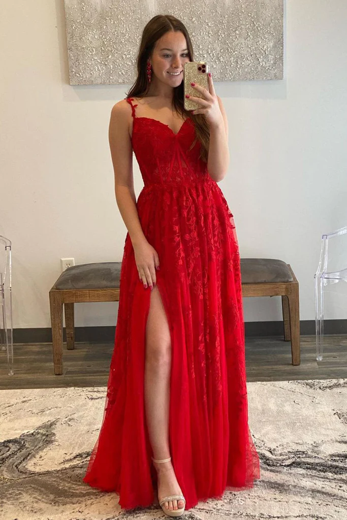 V Neck Tulle Red Lace Long Prom Dress with High Slit, Red Lace Formal Dress, Red Evening Dress Y217 - VelvetHem