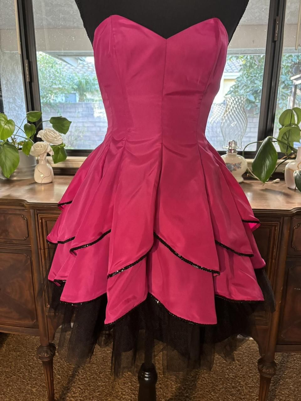 Cute Hot Pink Strapless Satin Layered A-Line Short Party Dress Formal Homecoming Dress Birthday Outfits