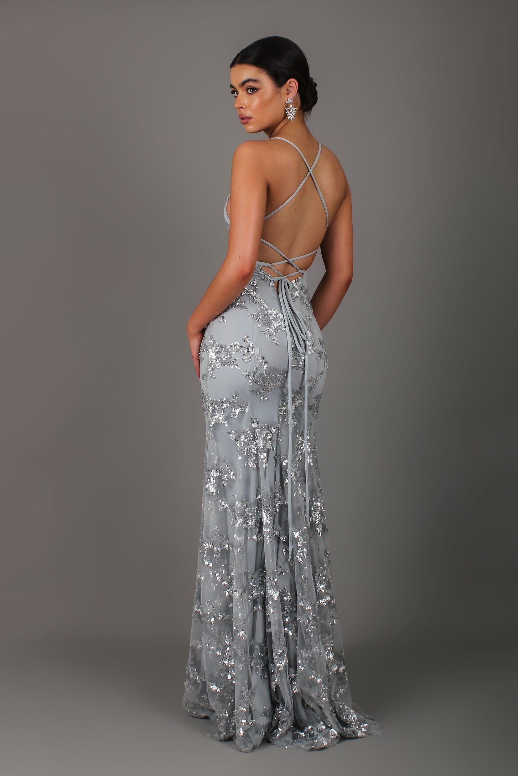 Sequin V Neck Backless Maxi Dress