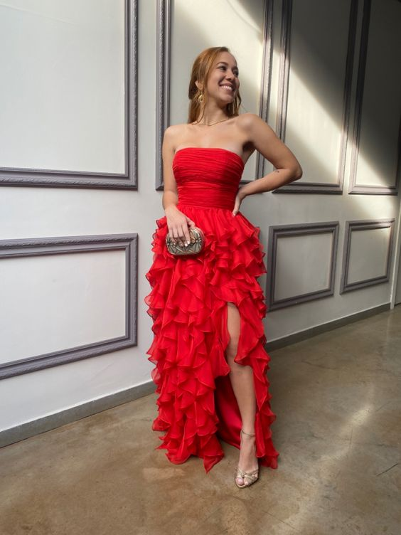 Red Strapless Long Prom Dress with Ruffles,Red Evening Dress Y2367 - VelvetHem