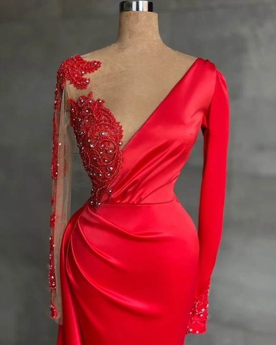 Long Red Satin Evening Dresses Sheer Neckline Long Sleeve Beaded African High Slit Women Formal Prom Dress S24678 - View 2 | VelvetHem