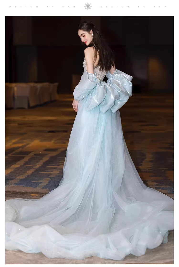 Glamorous Blue Strapless Tulle Sequin Beaded Mermaid Long Evening Dress Prom Dress