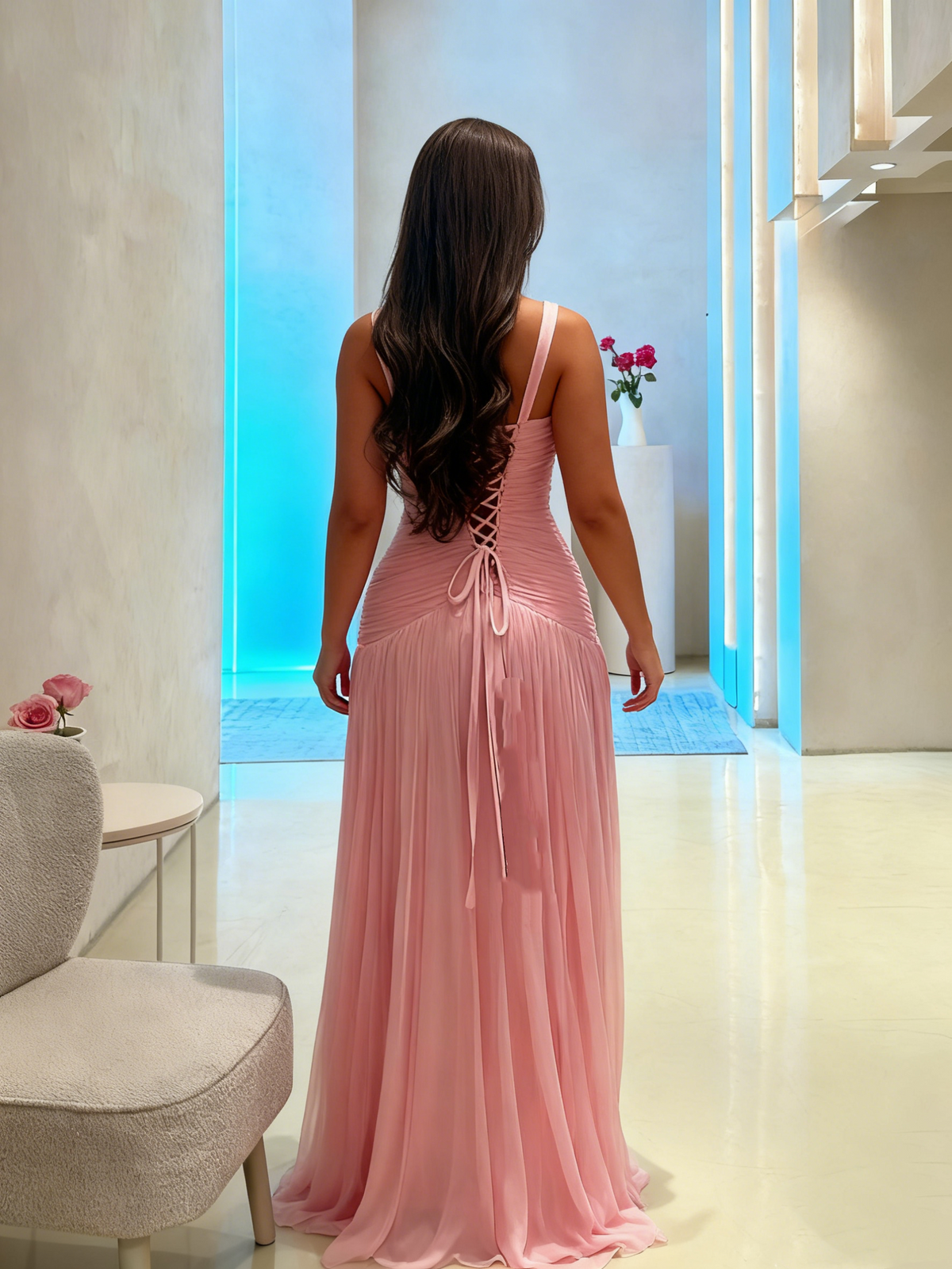 V-Neck A-Line Long Prom Dress Pink Wedding Guest Dress