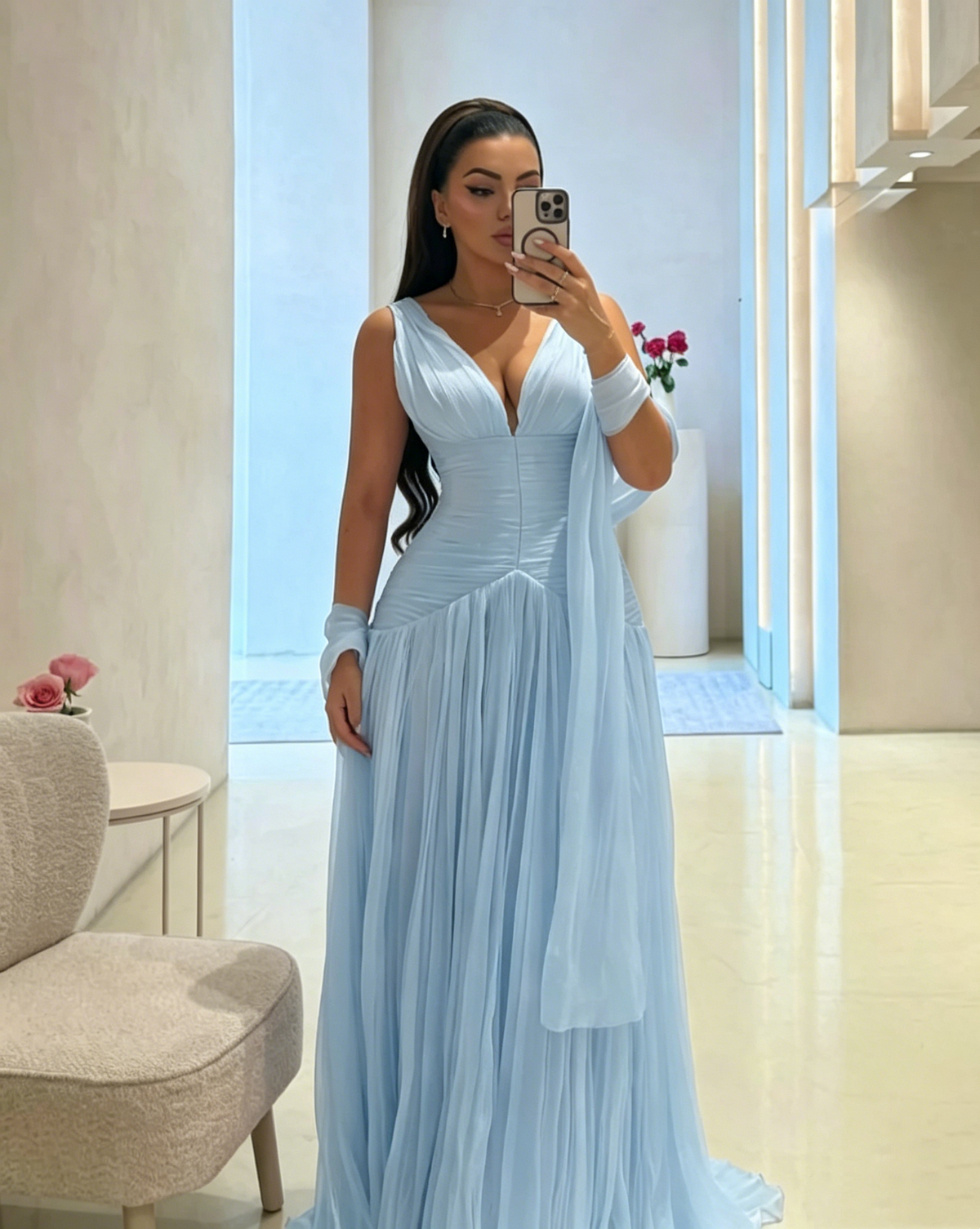 V-Neck A-Line Long Prom Dress Pink Wedding Guest Dress