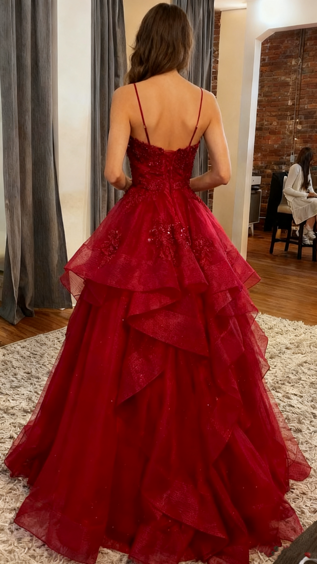 Sparkling Burgundy Tulle A-Line Long Prom Dress Evening Party Dresses