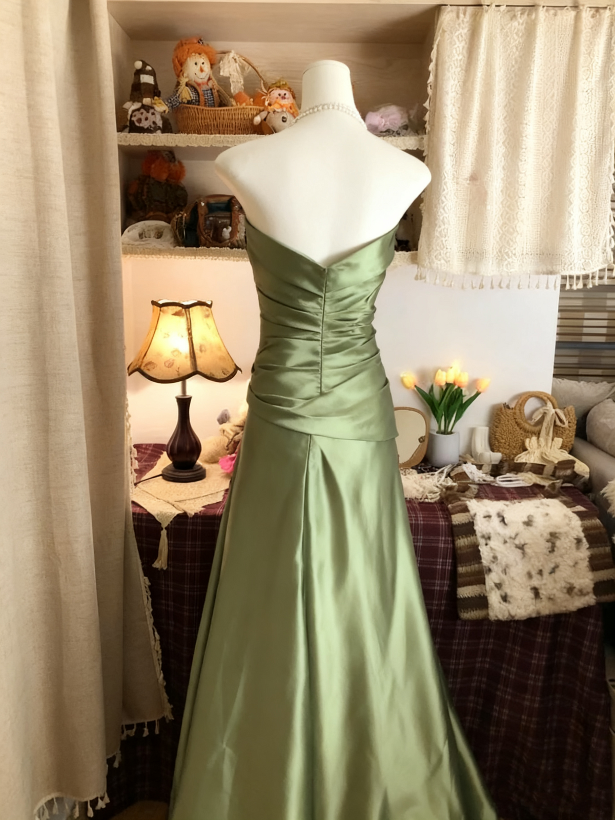 Strapless Green Satin Long Prom Dress Vintage Birthday Party Dress