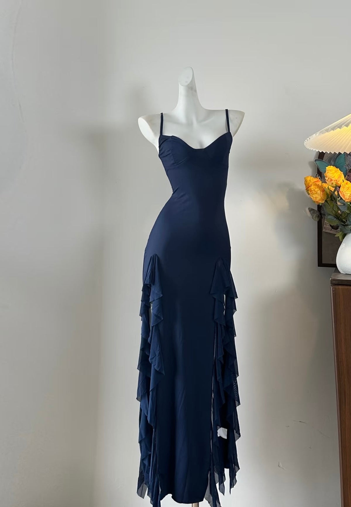 Navy Blue Ruffle Prom Dress Formal Party Dress Evening Dress