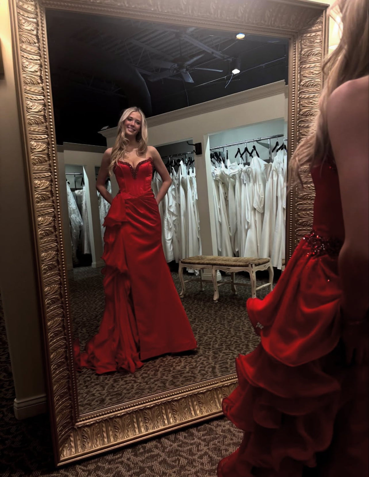 V-Neck Red Prom Dress With Slit Ruffle Formal Evening Dress
