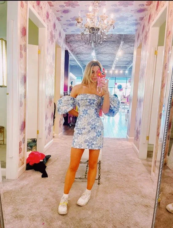 Chic Strapless Blue Print Floral Homecoming Dress Y2774 by simplepromdress