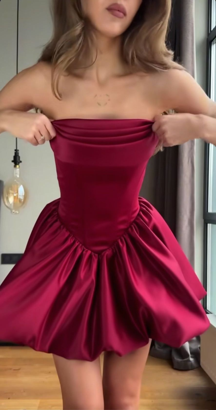 A-Line Short Prom Dresses Satin Burgundy Homecoming Dresses Strapless Birthday Dresses