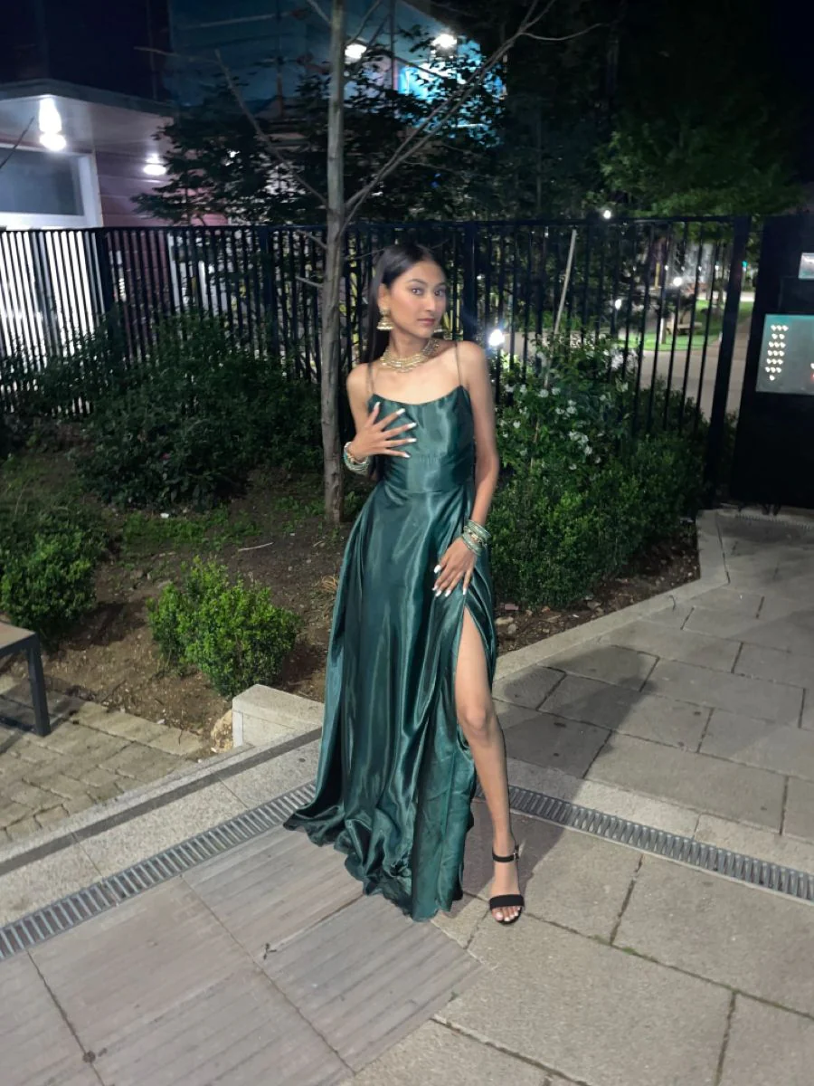 A-Line Dark Green Spaghetti Straps Satin Slit Long Prom & Evening Dress