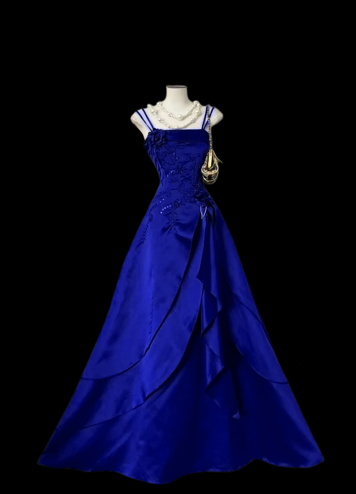A Line Navy Blue Evening Dress Vintage Long Prom Dress J9020