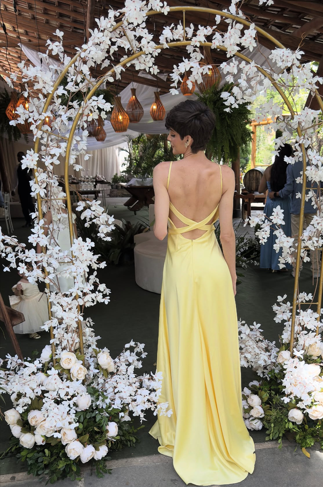 Backless Yellow Long Prom Dress Satin Formal Party Dress Graduation Dress