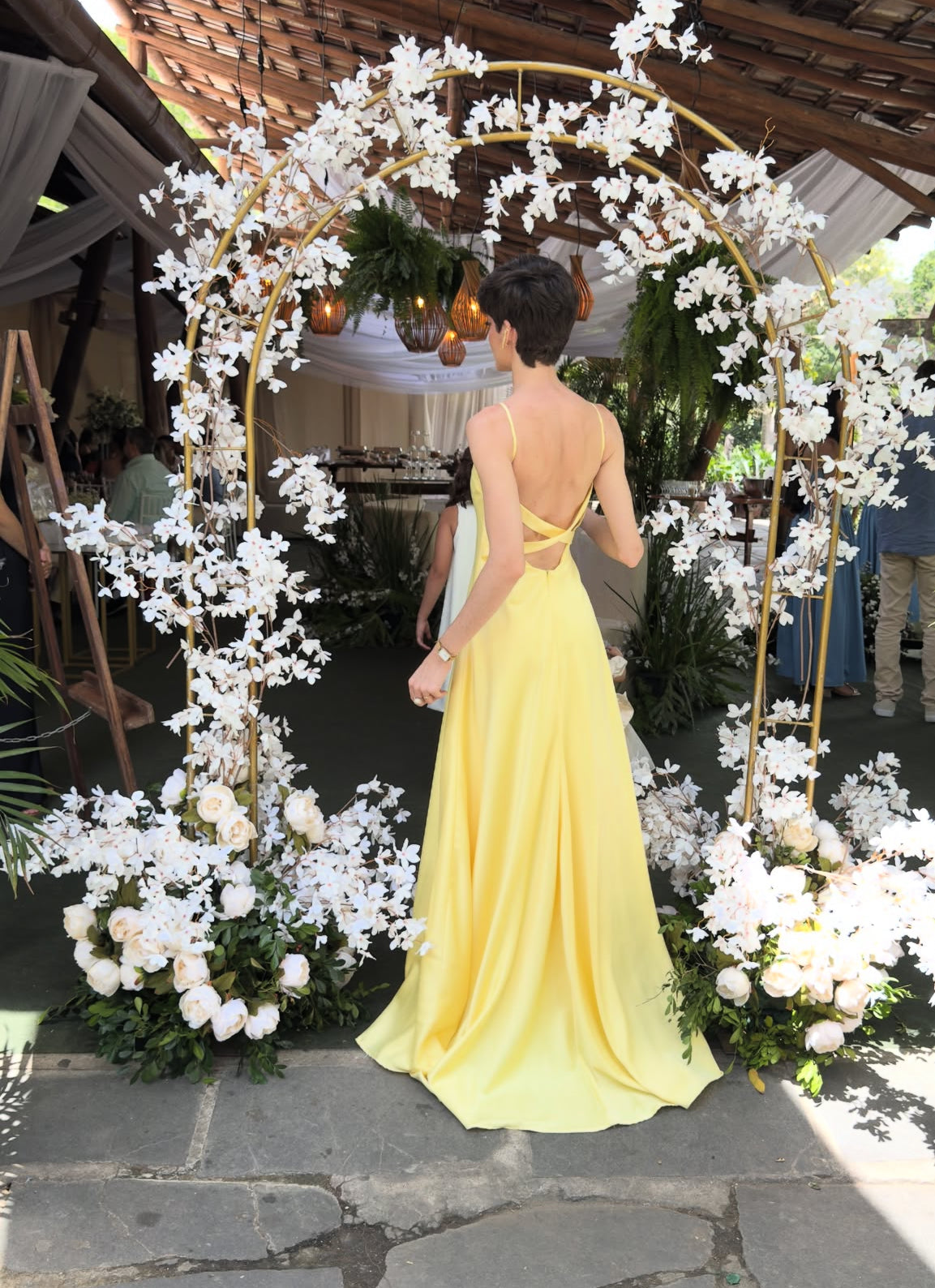 Backless Yellow Long Prom Dress Satin Formal Party Dress Graduation Dress
