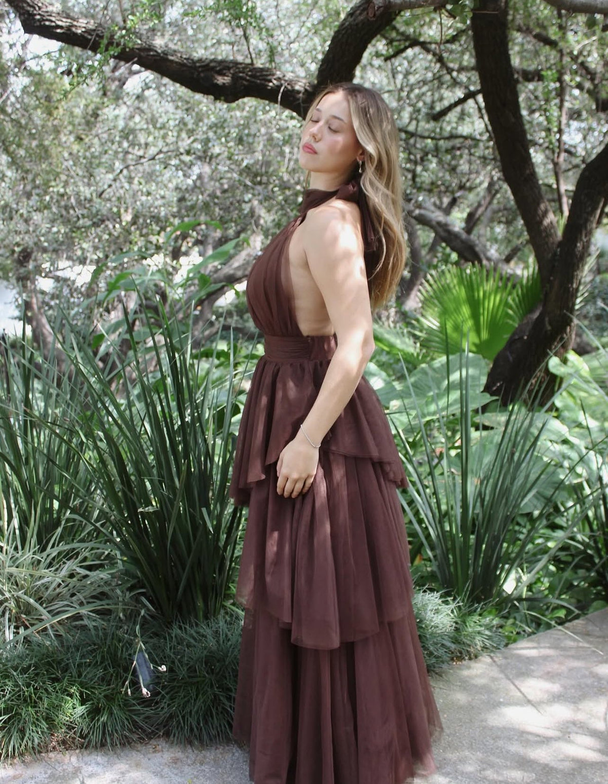 Halter Coffee Layered Long Prom Dress Backless Wedding Guest Dress J9040