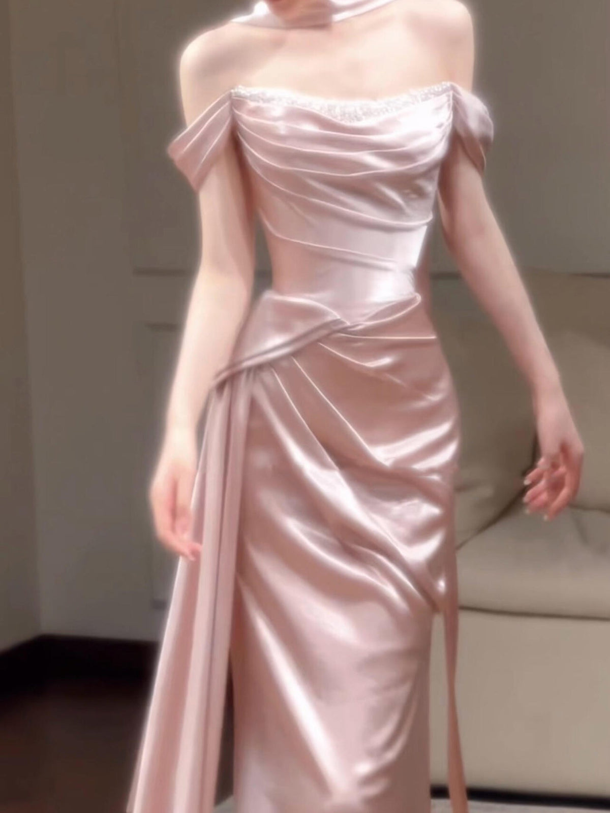 Off-the-Shoulder Pink Prom & Evening Dress Wedding Dress