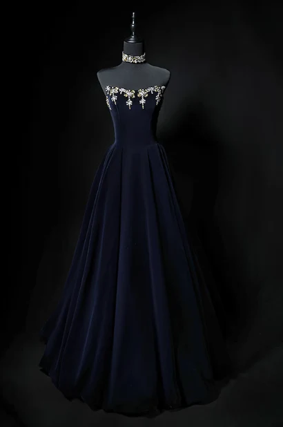 A-Line Strapless Velvet Long Prom Dress Navy Evening Dress J9070
