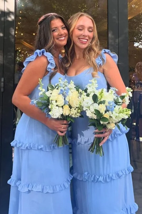 Blue A-Line Ruffles Straps Chiffon Long Prom Dress Bridesmaid Dress