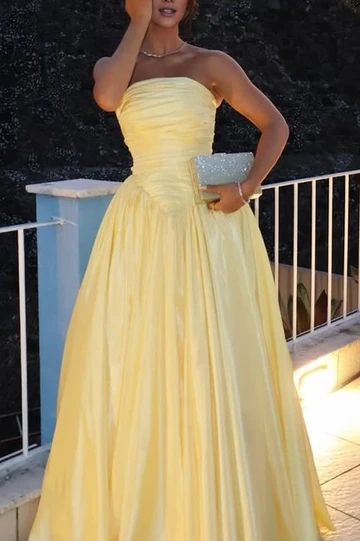 Yellow Strapless A-Line Satin Evening Prom Dress