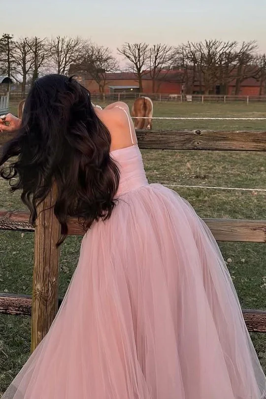 Pink Spaghetti Straps Tulle Long Prom Party Dress J9117