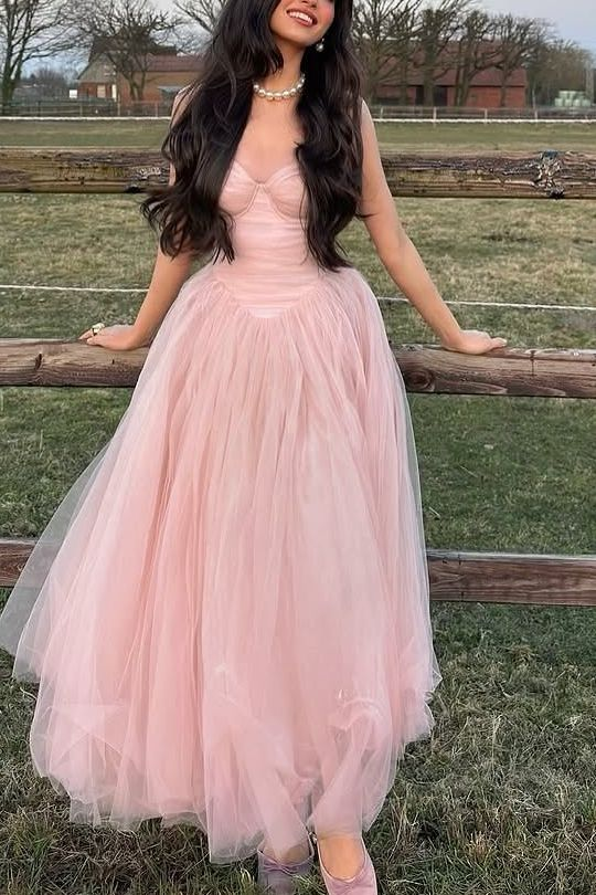Pink Spaghetti Straps Tulle Long Prom Party Dress J9117