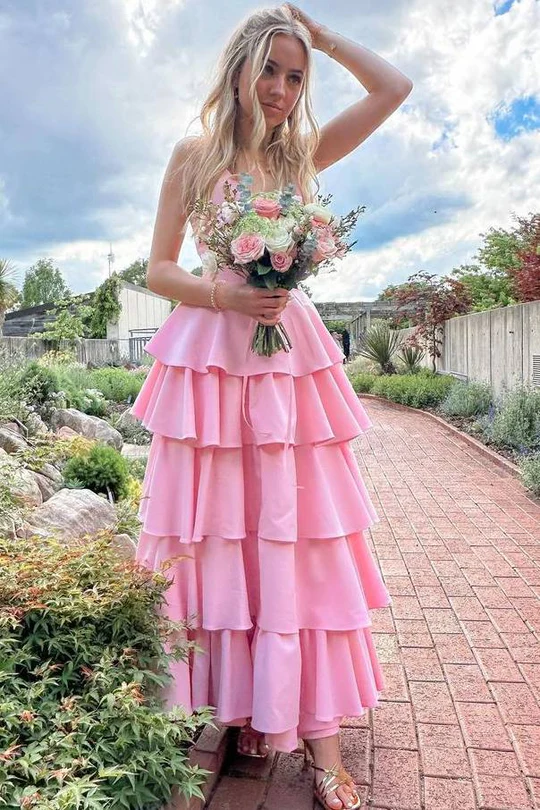 Pink V-Neck Tiered Long Prom Dress A-Line Layered Evening Dress