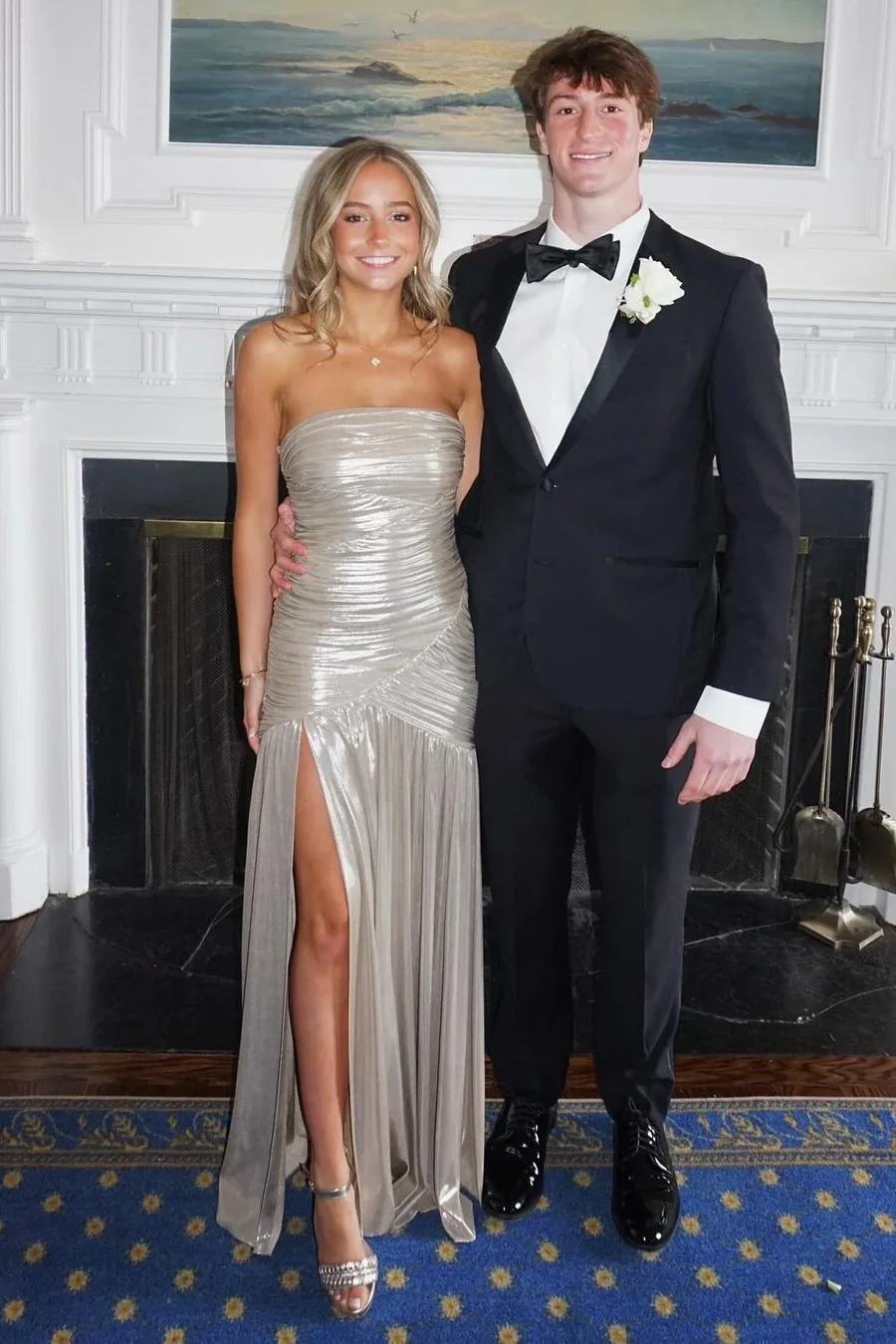 Silver Pleated Strapless A-Line Prom Dress With Slit J9134