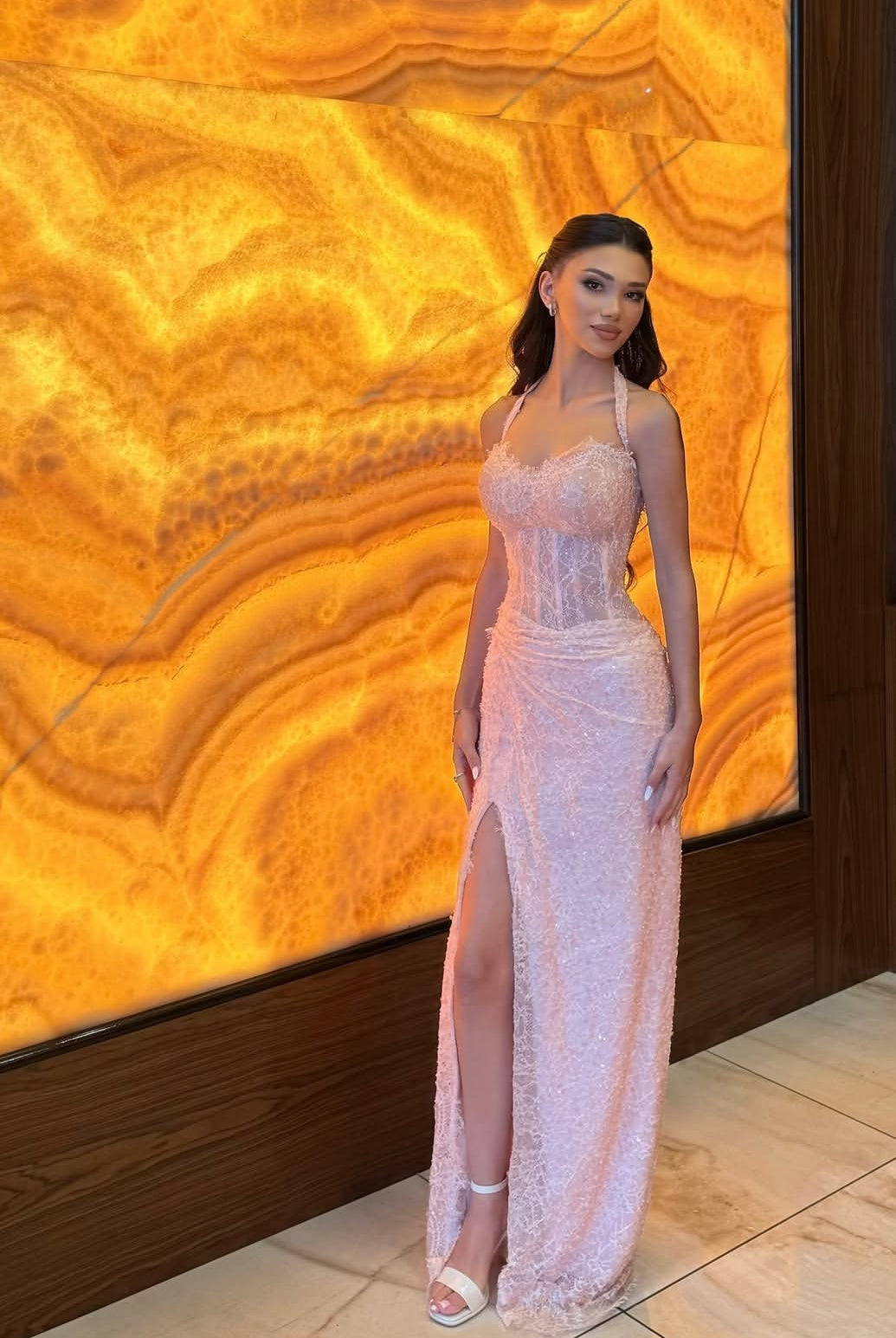 Sexy Pink Lace Long Prom Dress With Slit Formal Evening Dress