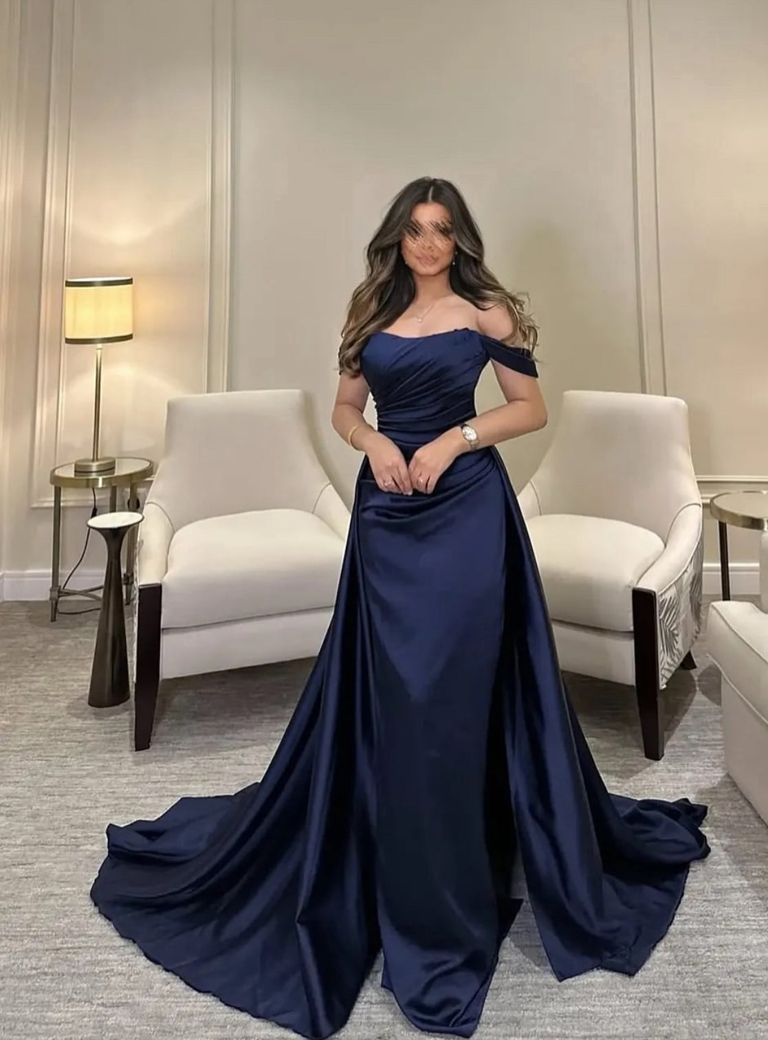 Off The Shoulder Navy Blue Long Prom Dress Formal Evening Dress J9161
