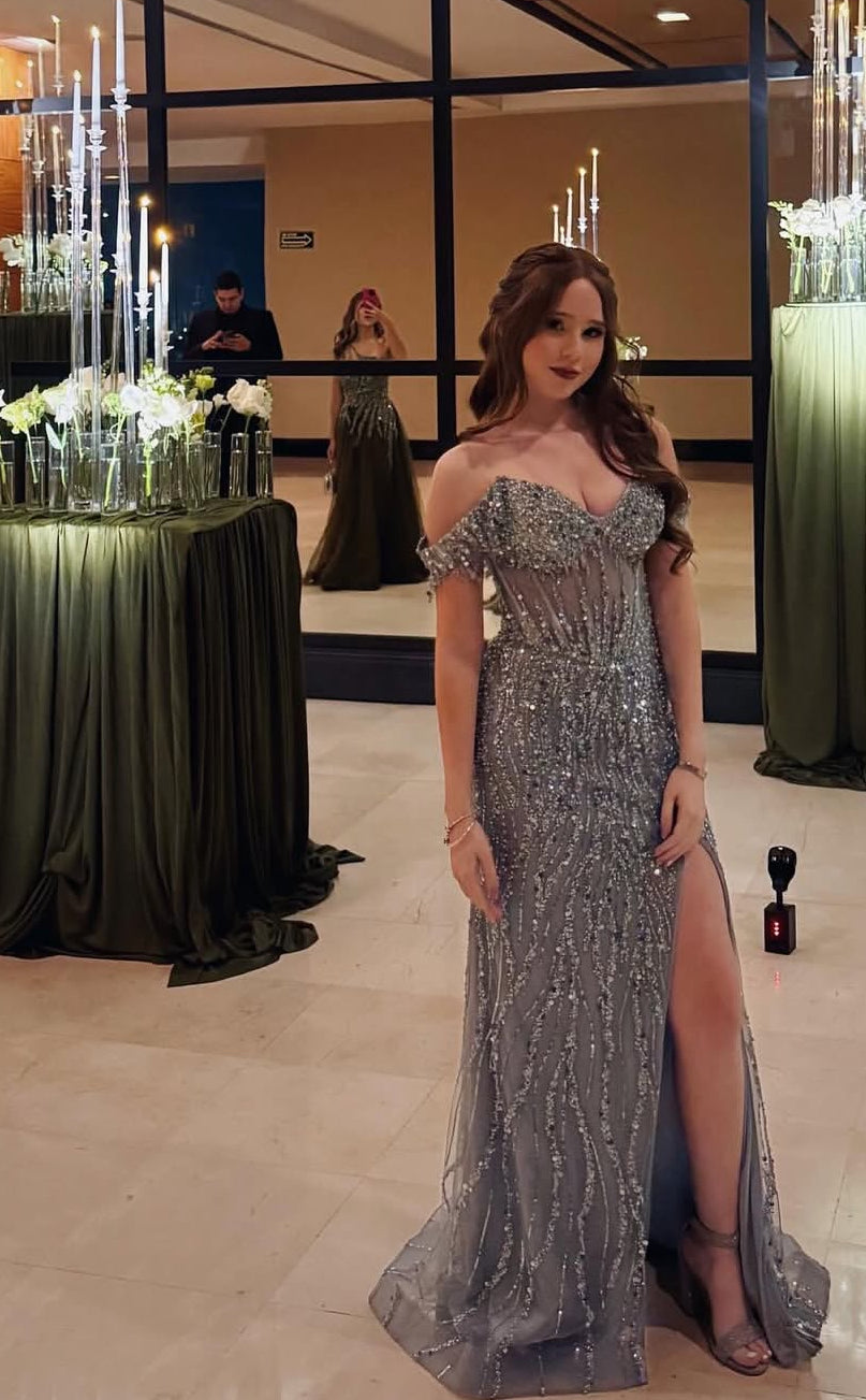 Off The Shoulder Gray Long Prom Dress Sequin Slit Evening Dress J9164