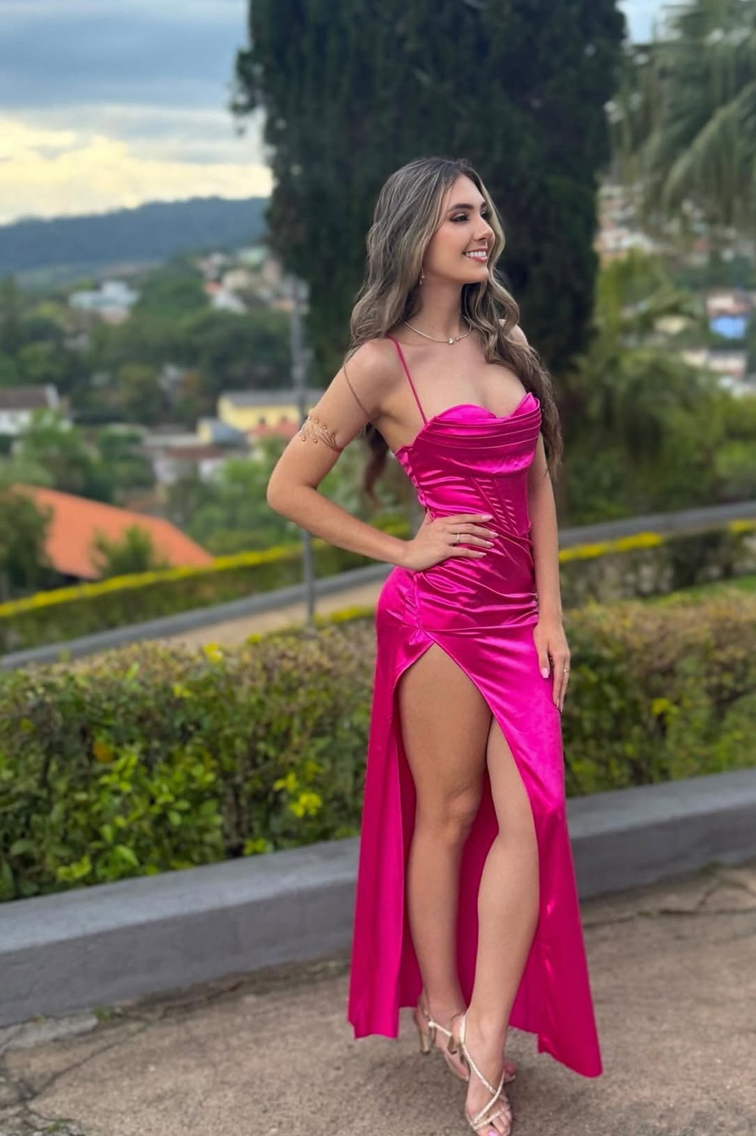 Pink Satin Long Prom Dress Backless Formal Evening Dress