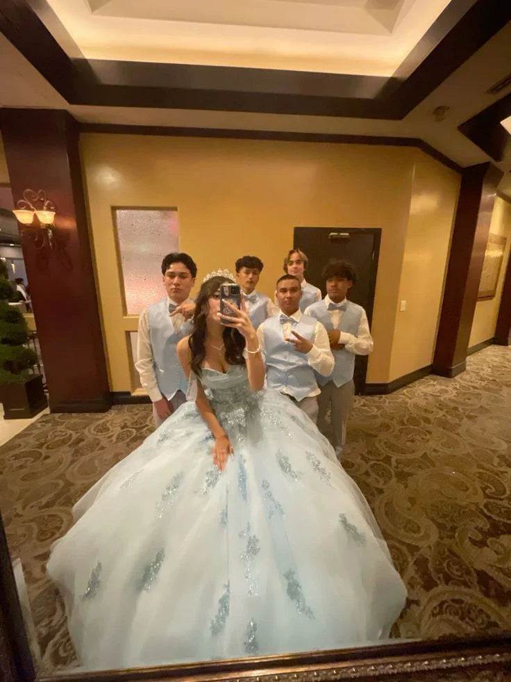 Off-the-Shoulder Blue Ball Gown Birthday Dress Princess Sweet 16 Dress