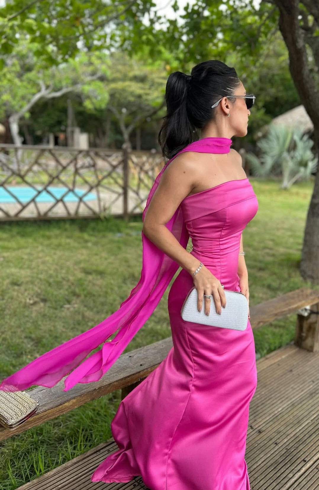 Pink Satin Long Prom Dress Mermaid Wedding Guest Dress Evening Dress