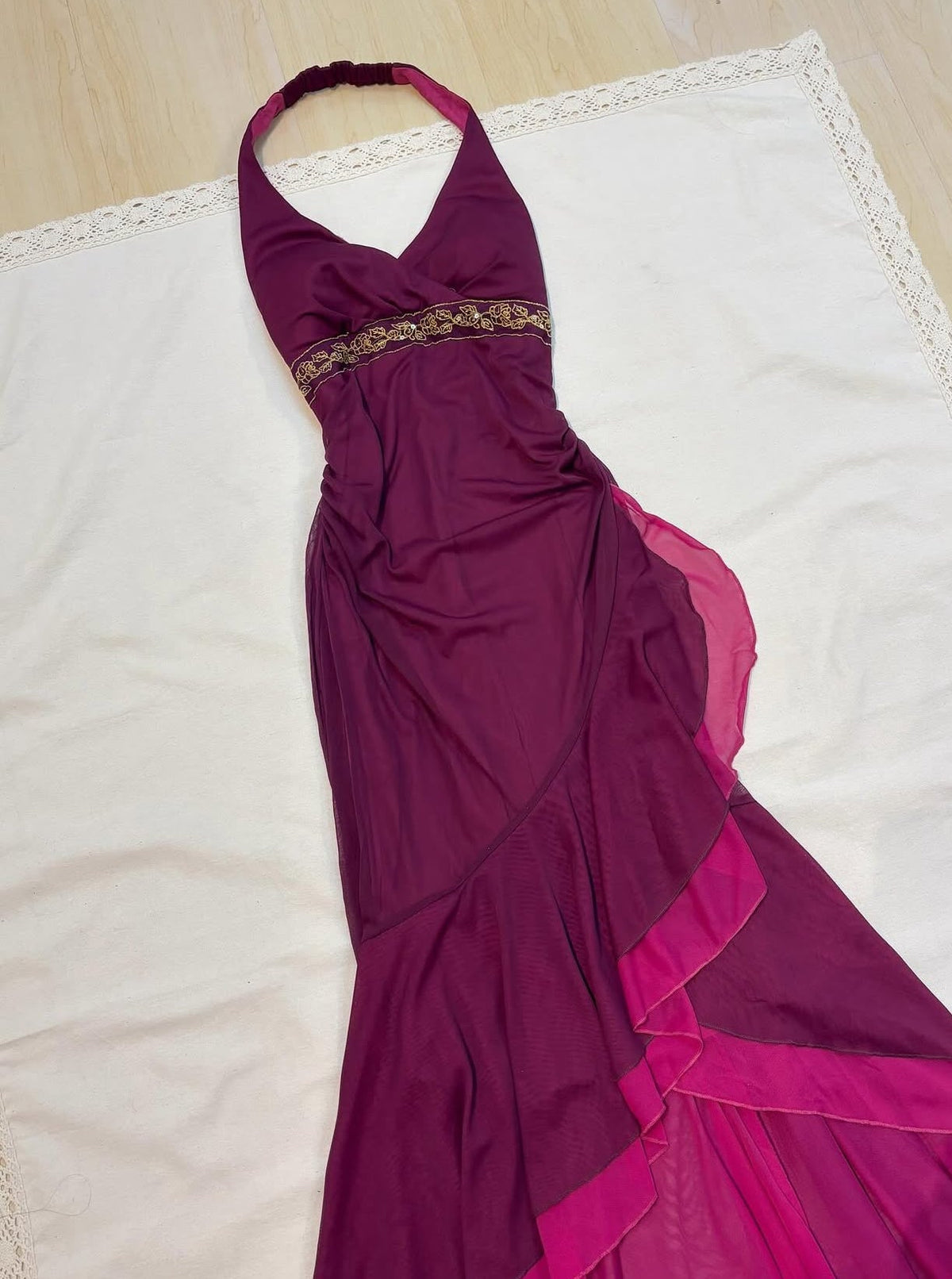 Halter Mermaid Ruffle Vintage Long Prom Dress Fuchsia Evening Party Dress
