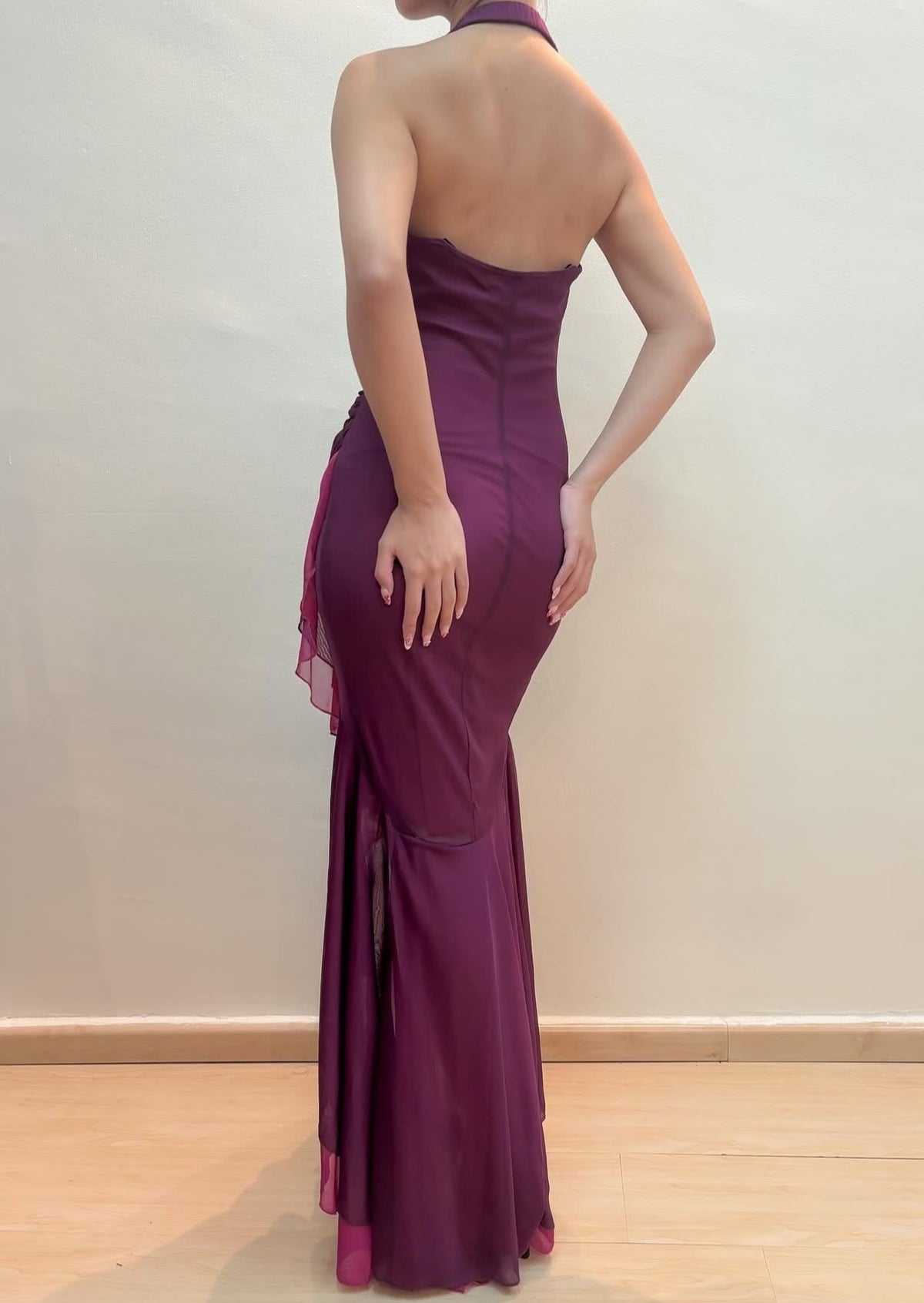 Halter Mermaid Ruffle Vintage Long Prom Dress Fuchsia Evening Party Dress