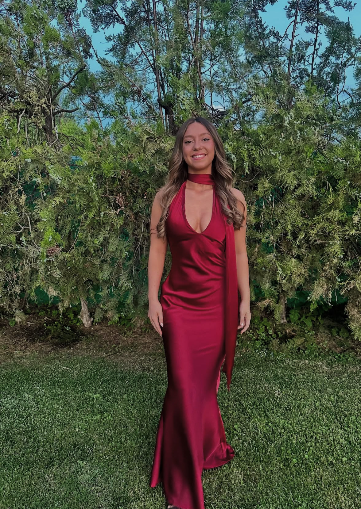 Halter Burgundy Satin Long Prom Dress Sexy Formal Evening Dress
