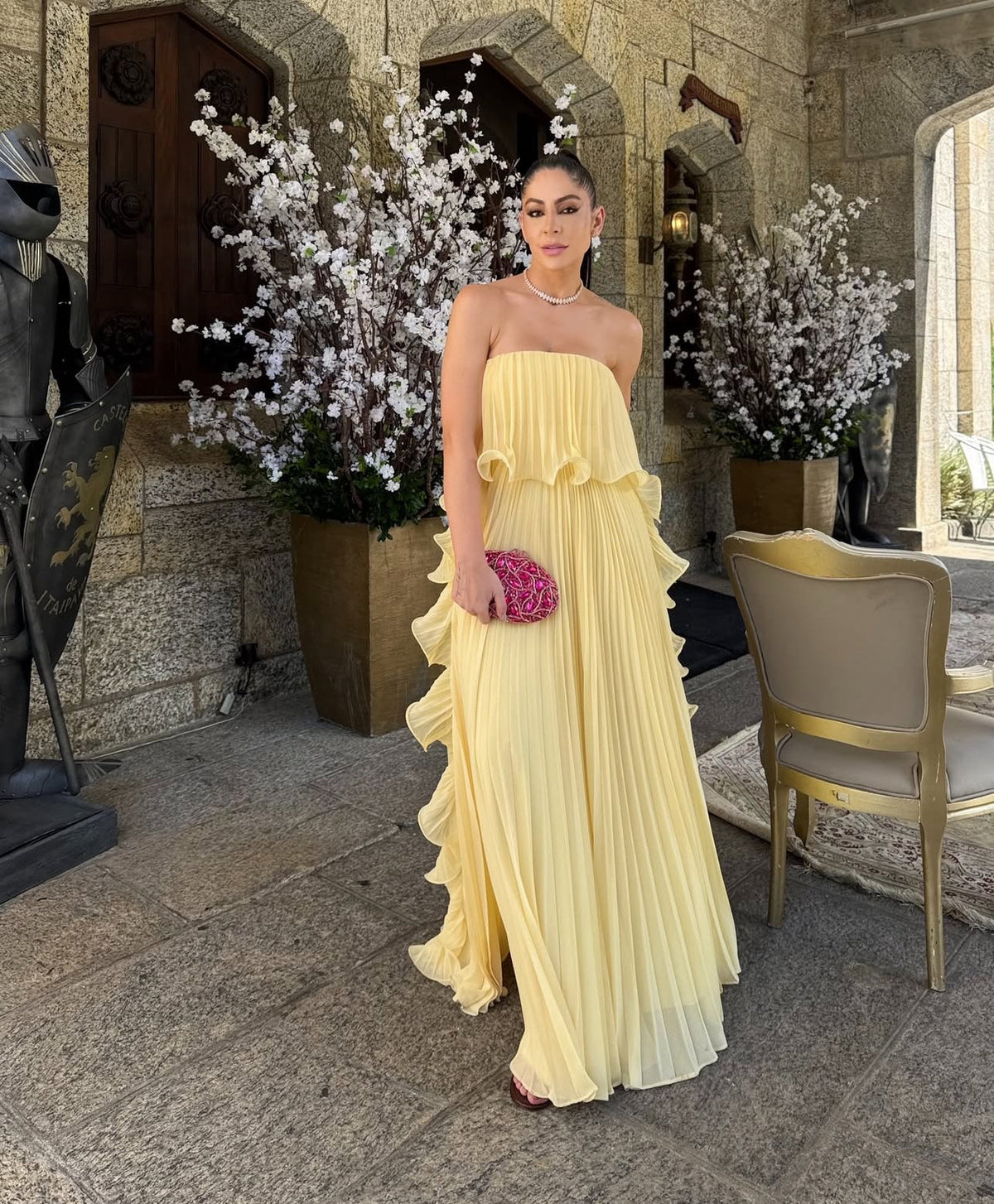 Strapless Yellow A-Line Chiffon Prom Dress Pleated Wedding Guest Dress