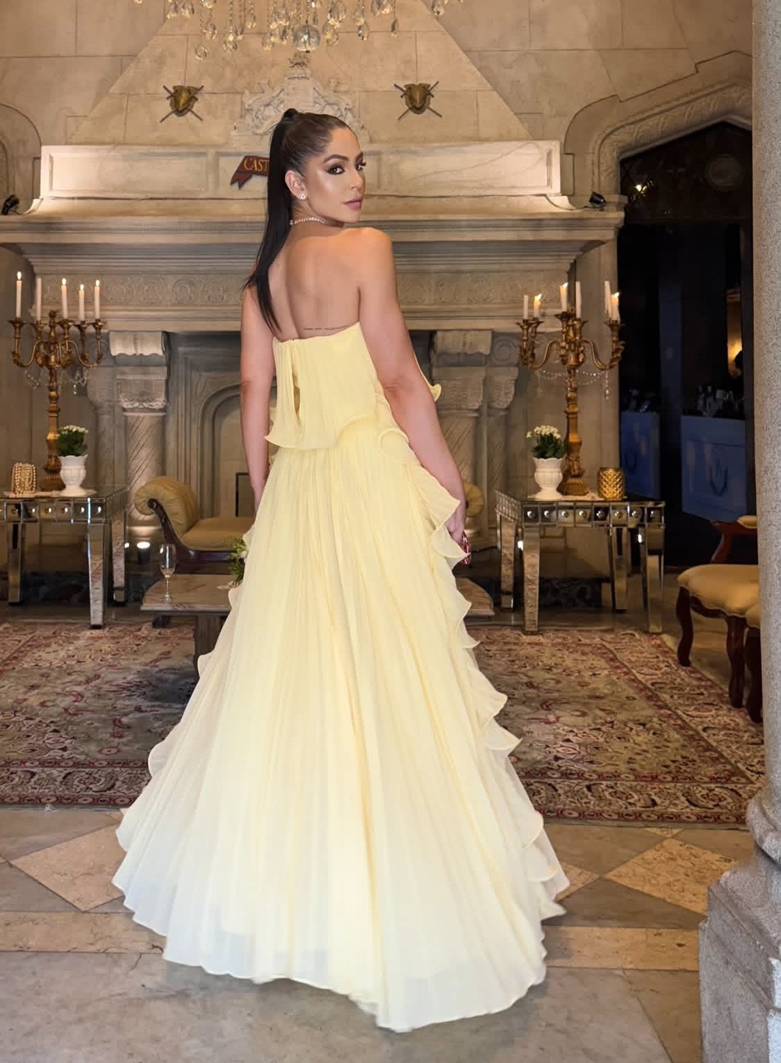 Strapless Yellow A-Line Chiffon Prom Dress Pleated Wedding Guest Dress