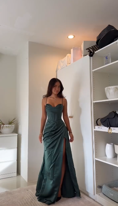 Dark Green Satin Long Prom Dress Slit Evening Dress Formal Party Gown
