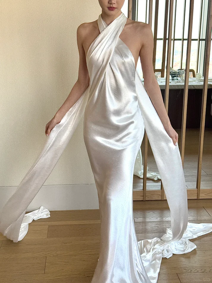 White Backless Long Wedding Dress Mermaid Halter Bridal Dress J9217