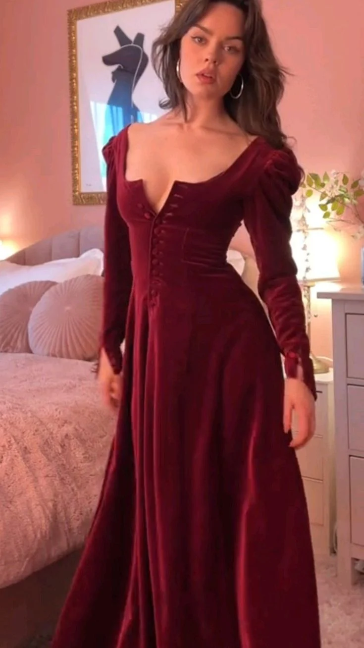 A-Line Burgundy Velvet Prom Dress Long Sleeves Evening Dresses