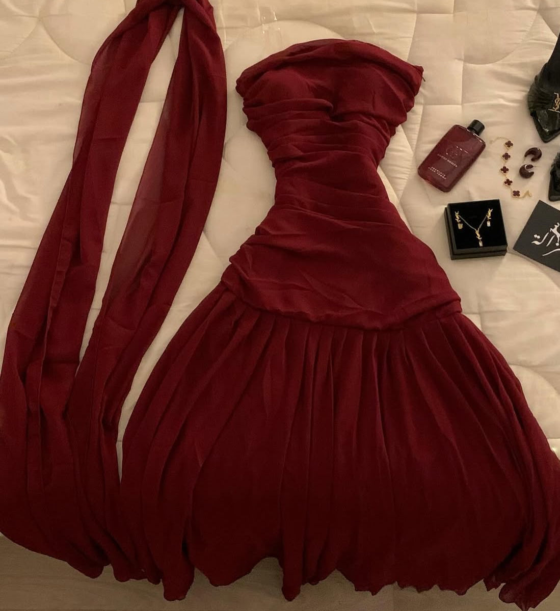 Strapless Burgundy Prom Dress Chiffon Formal Evening Dress