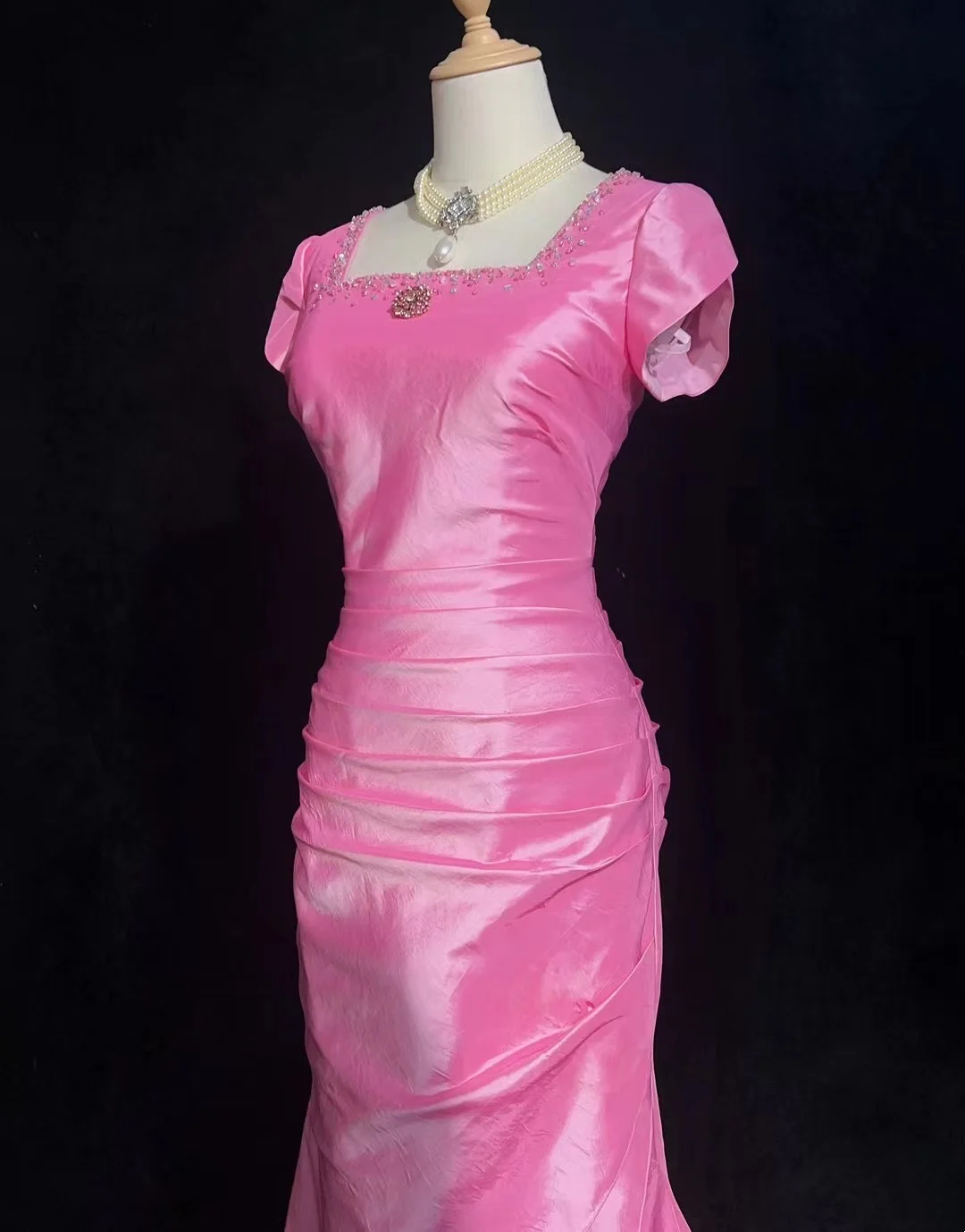 Pink Mermaid Layered Prom Dress Satin Vintage Formal Party Dress