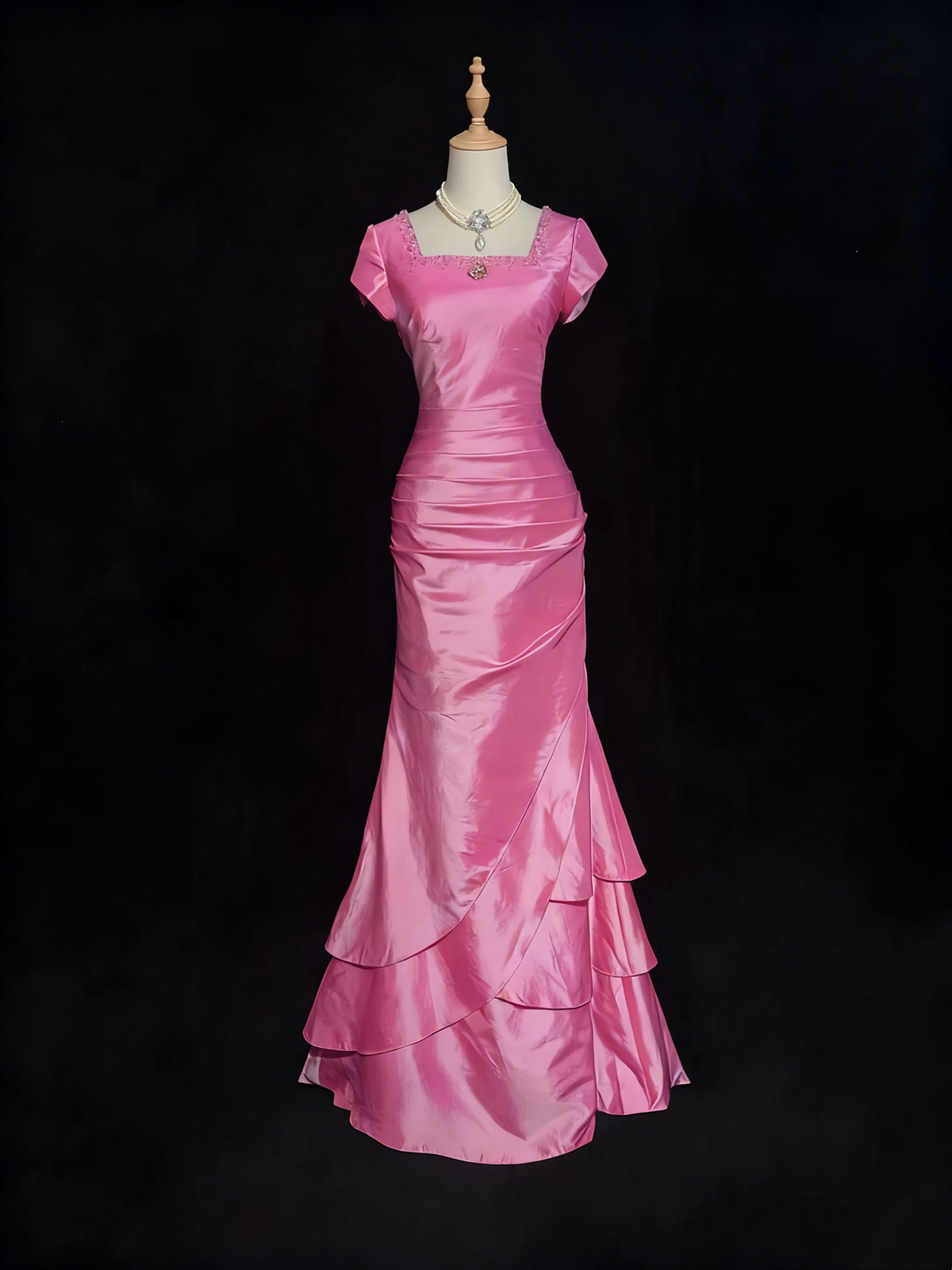 Pink Mermaid Layered Prom Dress Satin Vintage Formal Party Dress