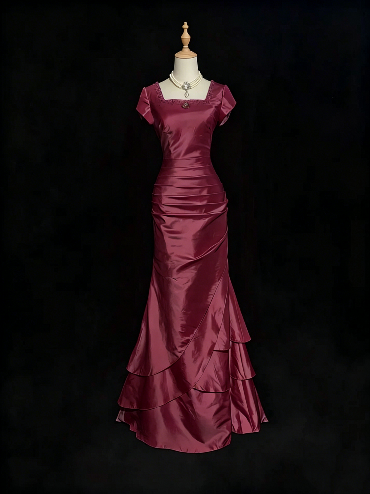 Pink Mermaid Layered Prom Dress Satin Vintage Formal Party Dress